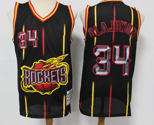 Men's Houston Rockets #34 Hakeem Olajuwon Black Hardwood Classics Stitched Jersey